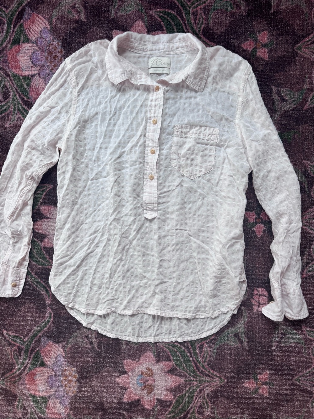 J.Crew Gingham Soft Gauze Popover Button-Down Long Sleeve Top Pink White - Sz 8